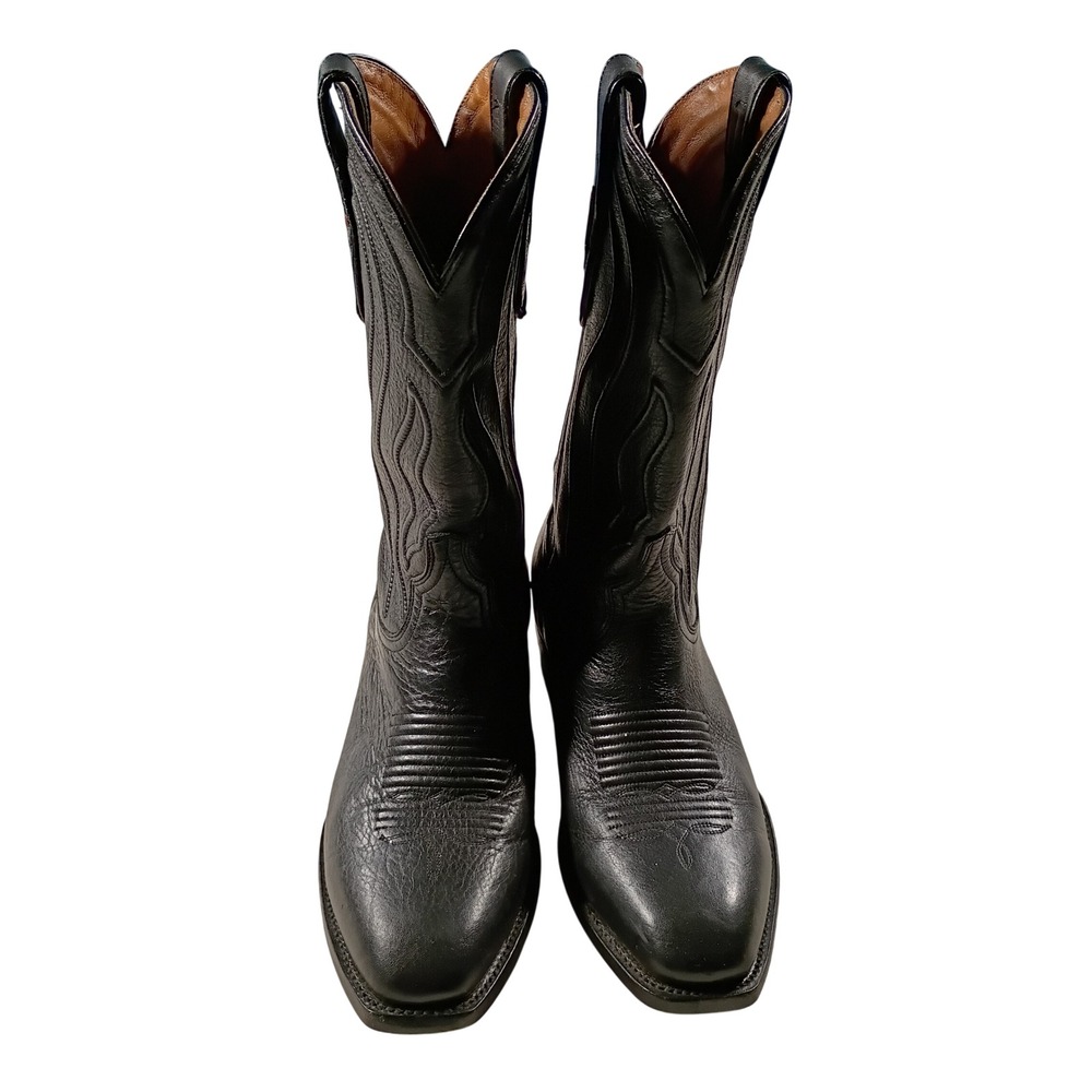 Rio Grande Cowboy Boots Mens 8.5 Black Leather Western Flame Stitched Excellent